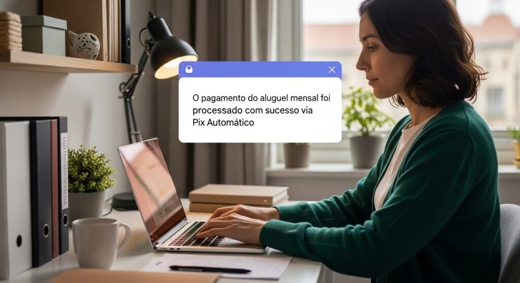 Imagem ultrarrealista de uma pessoa trabalhando calmamente em um laptop, com uma notificação de pagamento automático via Pix, simbolizando a tranquilidade e a produtividade proporcionadas pelo Pix Automático.