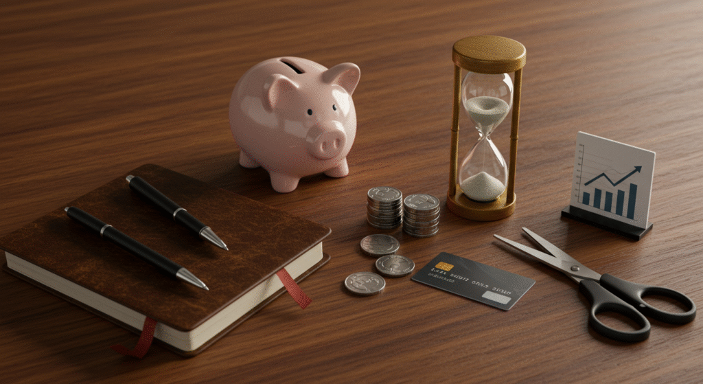Ícones representando 5 hábitos financeiros, como economizar e anotar gastos.