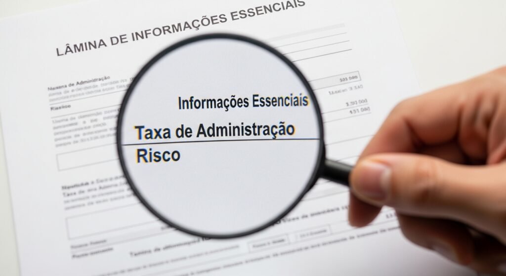Uma pessoa analisando a lâmina de informações de um fundo de investimento com uma lupa, focando nas taxas e nos riscos.