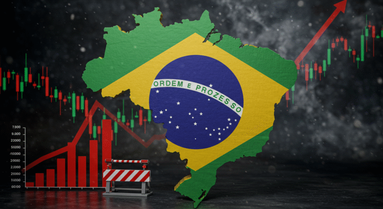 Mapa do Brasil com símbolos de inflação e juros altos, representando a economia.