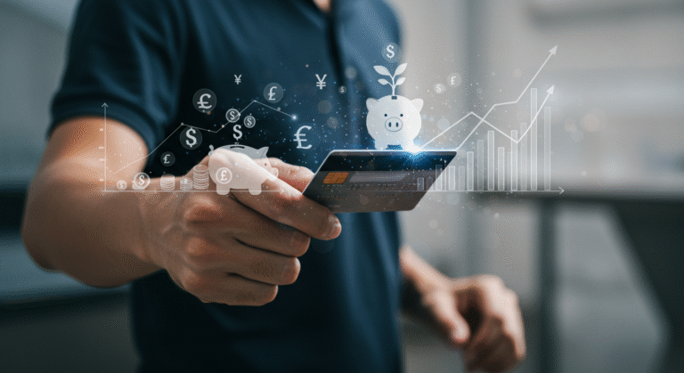 Mão segurando cartão de crédito com controle e símbolos de finanças ao fundo.