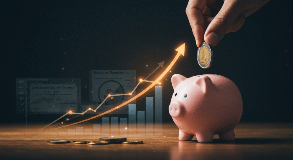 Mão colocando moeda em cofrinho com gráfico ascendente, simbolizando o crescimento de investimentos em renda fixa atrelados ao CDI, e explicando o que é o CDI para iniciantes.