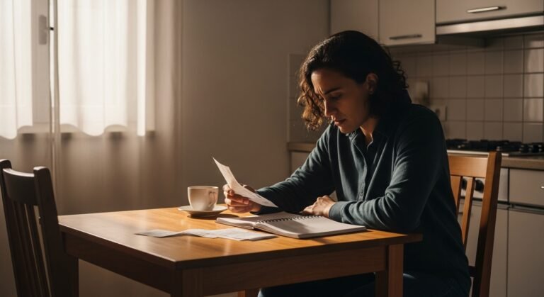 Uma pessoa sentada à mesa, planejando como sair das dívidas ganhando pouco, com uma expressão determinada e um caderno em mãos.