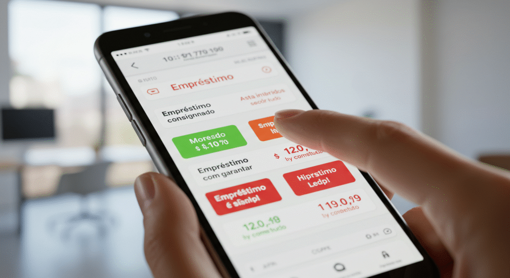 Pessoa comparando diferentes tipos de empréstimos online em um aplicativo para encontrar as melhores taxas e quitar dívidas.