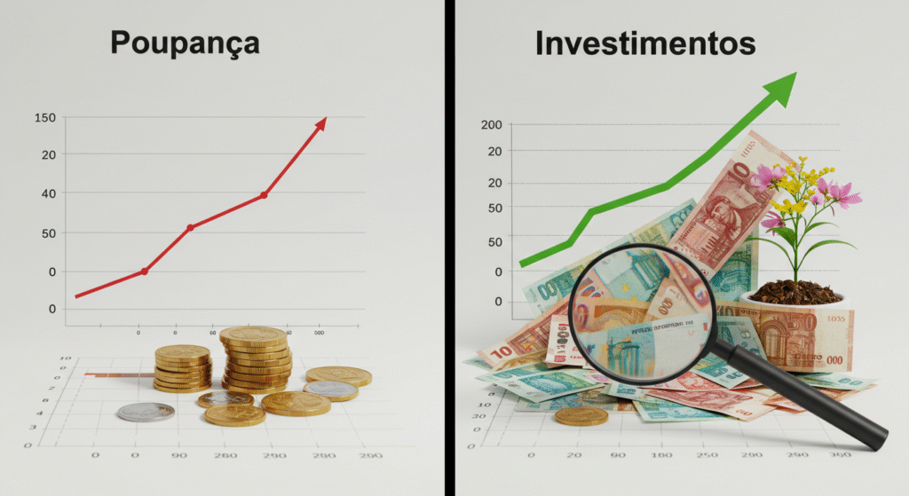 Gráfico comparando o baixo rendimento da poupança com o alto crescimento dos investimentos, mostrando o poder de investir.