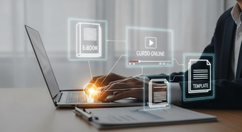 Pessoa criando infoprodutos digitais em um laptop, simbolizando a monetização do conhecimento e como ganhar dinheiro com infoprodutos.