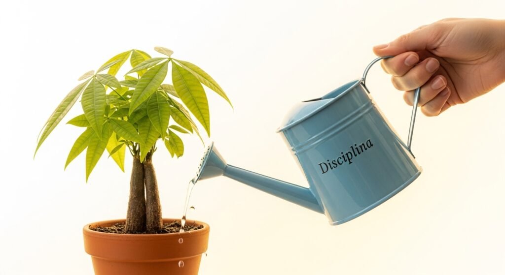 Pessoa regando uma árvore de dinheiro, uma metáfora para o controle do impulso de consumo.
