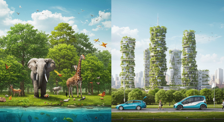 Cidade moderna e natureza coexistindo em harmonia, simbolizando a economia verde.