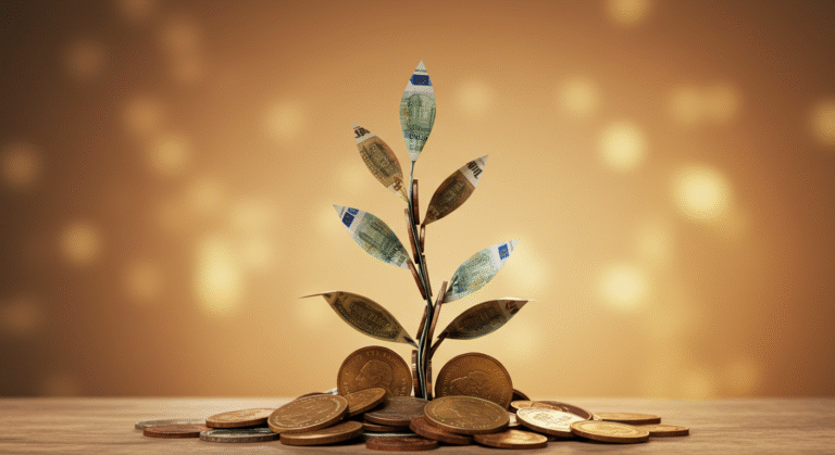 Moedas e notas formando uma planta, simbolizando o crescimento da educação financeira básica.