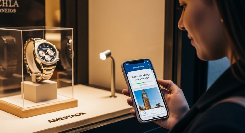 Pessoa escolhe não fazer uma compra por impulso ao focar em sua meta financeira no celular.