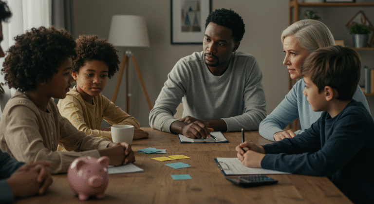 Família reunida à mesa, conversando abertamente sobre finanças, simbolizando a importância do diálogo sobre dinheiro em casa.