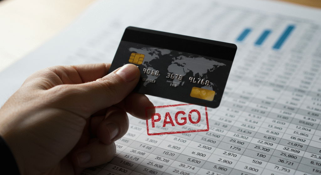 Mão segurando um cartão de crédito com carimbo de "pago", simbolizando o pagamento total da fatura e como evitar cair no rotativo do cartão.