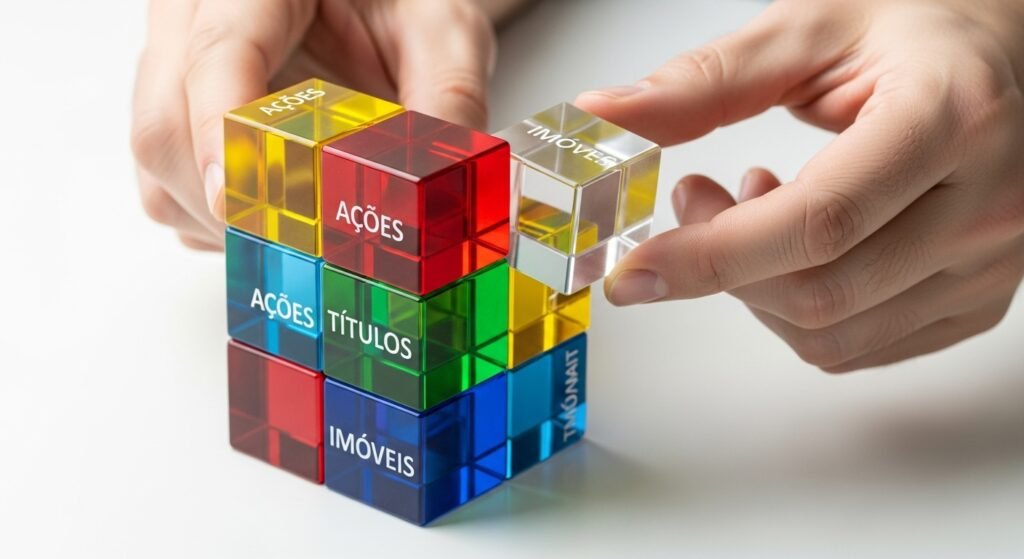 Uma representação visual da diversificação de fundos de investimento para iniciantes, mostrando um prédio feito de diferentes ativos sendo gerenciado por um profissional.