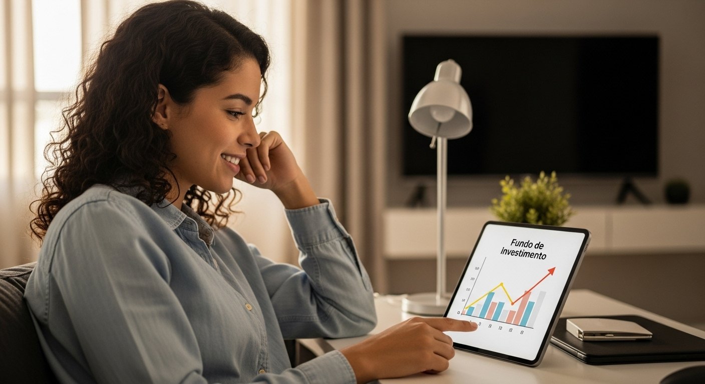 Um iniciante nos investimentos analisando um gráfico de fundos de investimento em um tablet, com uma expressão confiante e otimista.