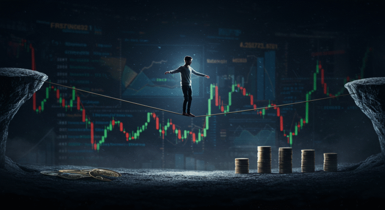 Pessoa equilibrando-se em um gráfico financeiro instável, simbolizando o desafio de lidar com a renda variável ou instável.