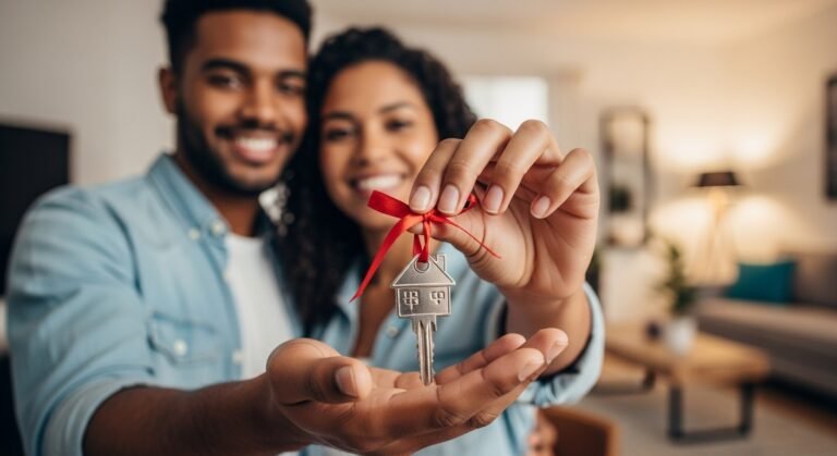 Guia completo sobre o FGTS, mostrando um casal feliz com a chave da casa própria.