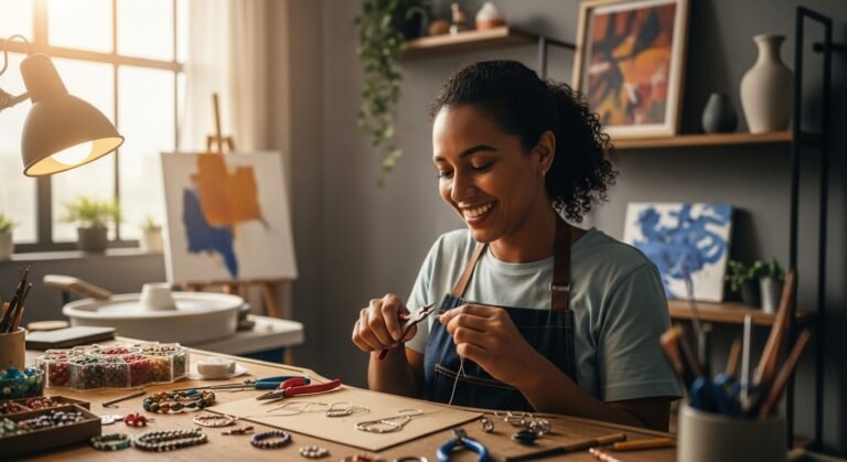 Uma pessoa feliz em sua oficina, mostrando como fazer do seu hobby uma fonte de renda com seus produtos artesanais ao fundo.