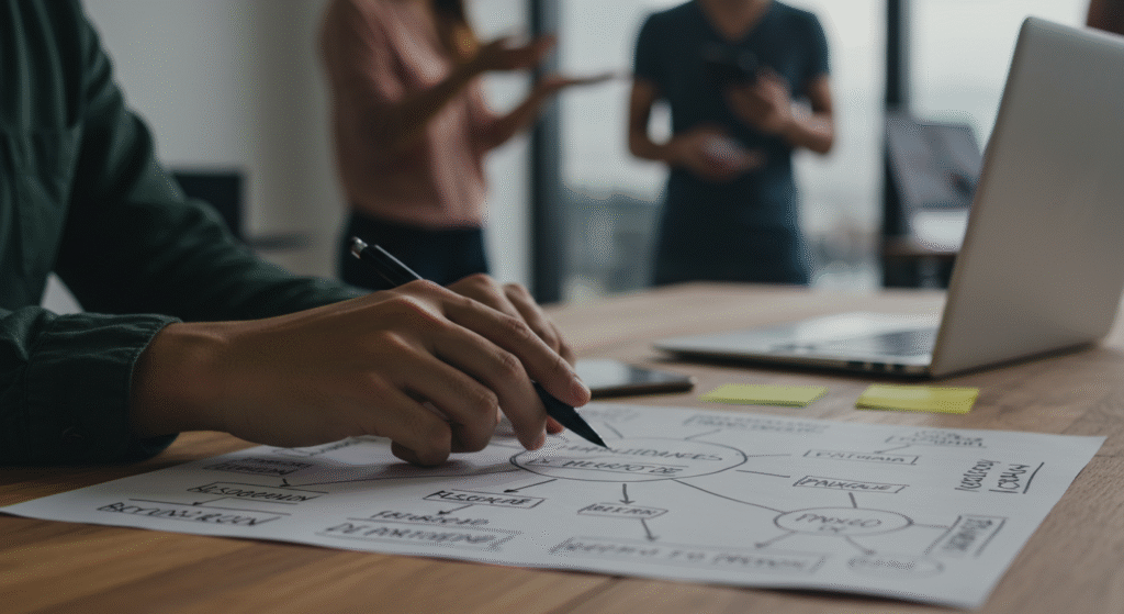 Fonte de Renda com Infoprodutos: Pessoa em sessão de brainstorming para validar ideia de infoproduto.