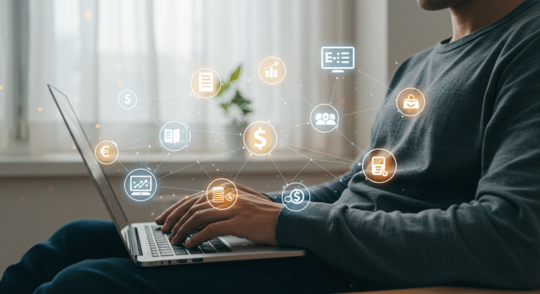 Pessoa ganhando dinheiro online com a criação e venda de infoprodutos.