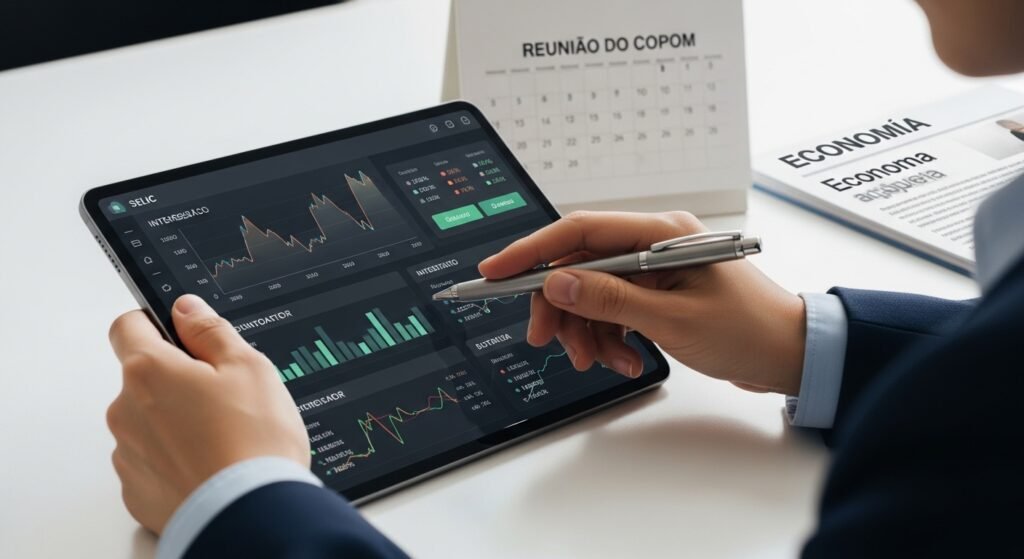 Pessoa analisando ativamente um painel financeiro em tablet, com dados da taxa Selic e investimentos, representando o monitoramento e as decisões do investidor.