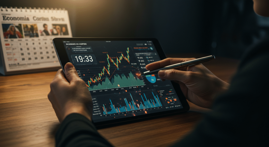 Pessoa analisando ativamente um painel financeiro em tablet, com dados da taxa Selic e investimentos, representando o monitoramento e as decisões do investidor.