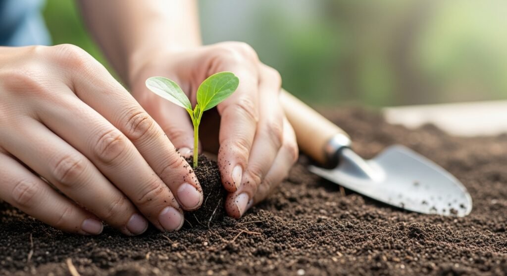 Pessoa plantando uma muda, simbolizando o ato de começar a investir e usar os juros compostos para o futuro.