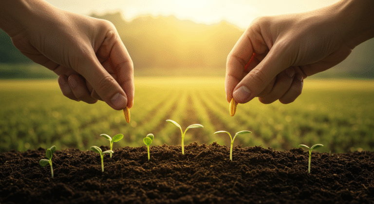 Mãos plantando uma semente em solo fértil, simbolizando o início de investimentos.