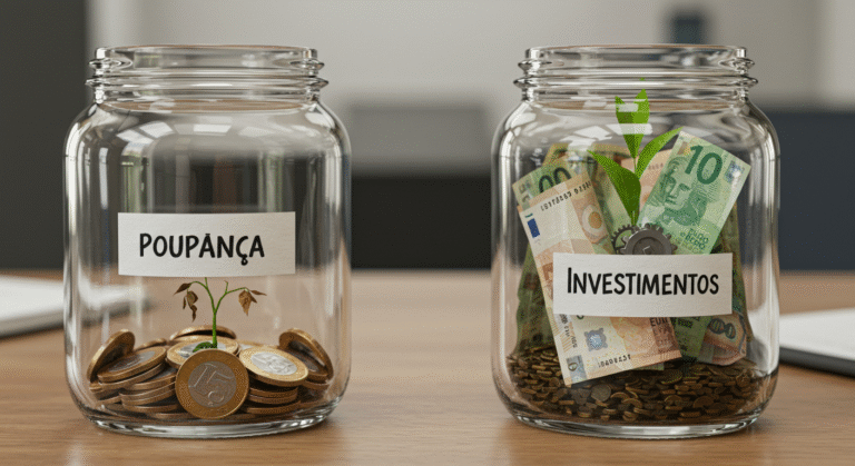 Comparação visual entre um pote de poupança estagnado e um pote de investimentos crescendo, mostrando que investir é melhor que poupar.