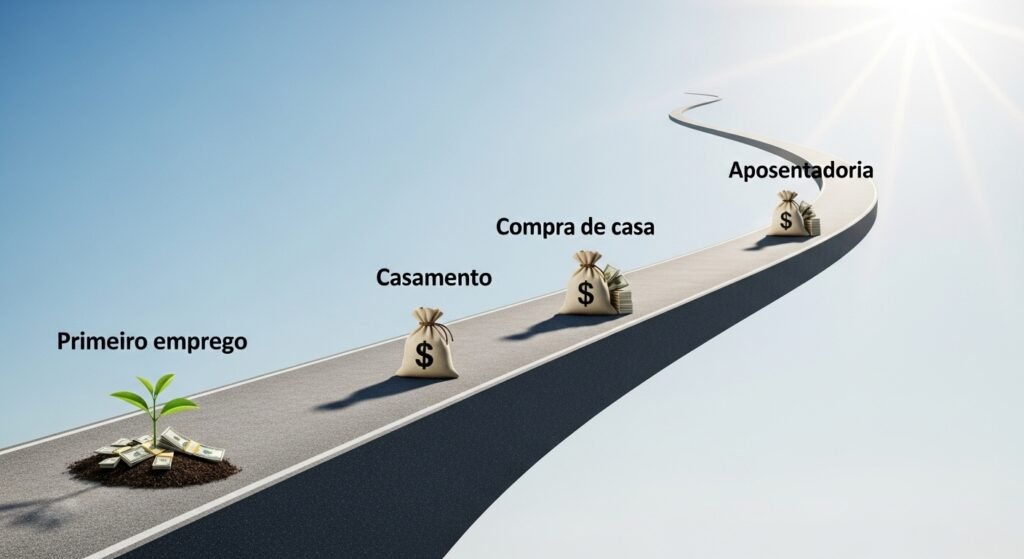 Caminho representando a jornada financeira ao longo da vida.
