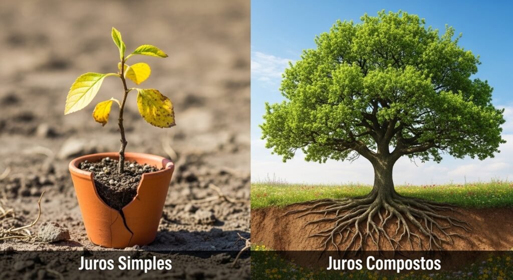 Comparativo visual entre o crescimento linear dos juros simples e o crescimento exponencial dos juros compostos.