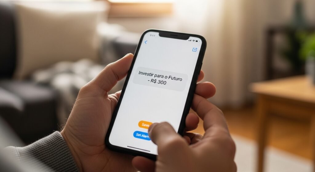 Pessoa configurando um alarme no celular como uma das ferramentas gratuitas para controlar seu dinheiro.