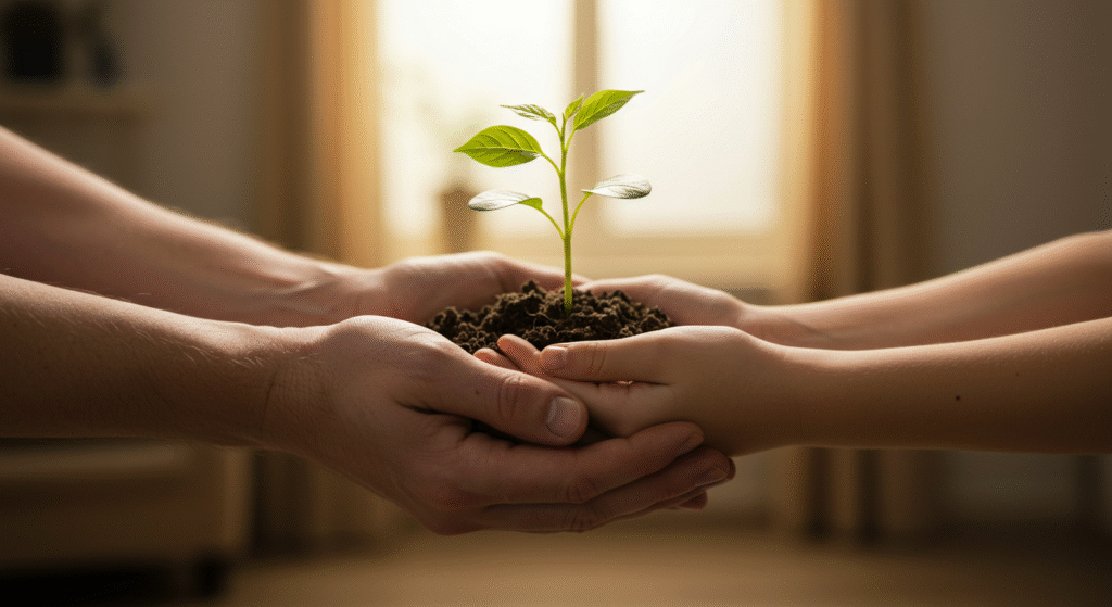 Mãos de adulto e criança plantando uma muda juntos, simbolizando o aprendizado financeiro em família.