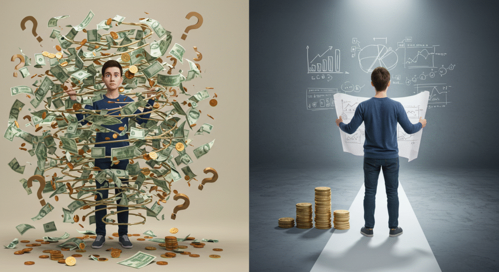Imagem de antes e depois da organização financeira.