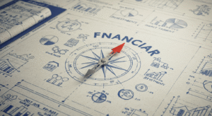 Uma planta de construção com um compasso e ícones de finanças, simbolizando o planejamento.