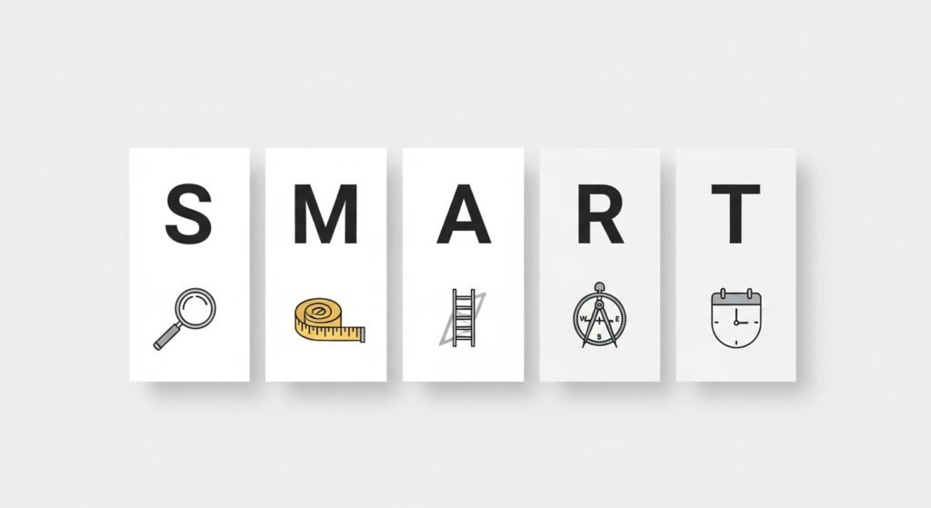 Gráfico com ícones que explicam os princípios das metas SMART.