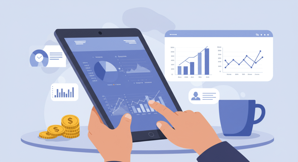Pessoa analisando um dashboard financeiro em um tablet, mostrando organização.