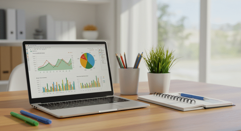Mesa organizada com ferramentas de planejamento e um caderno, simbolizando organização e planejamento financeiro.
