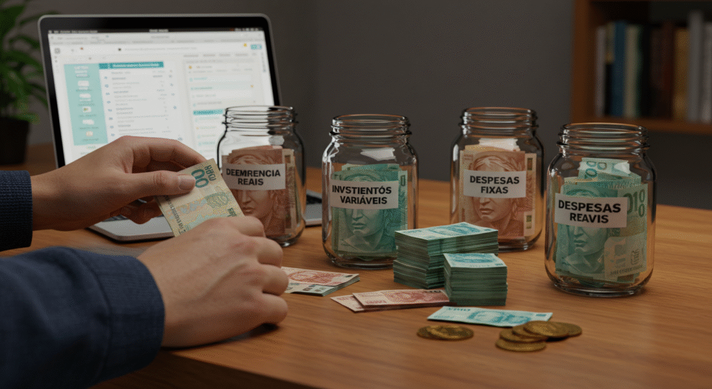 Pessoa organizando dinheiro em potes rotulados, simbolizando o controle de gastos e a organização de finanças, e como lidar com renda variável ou instável.
