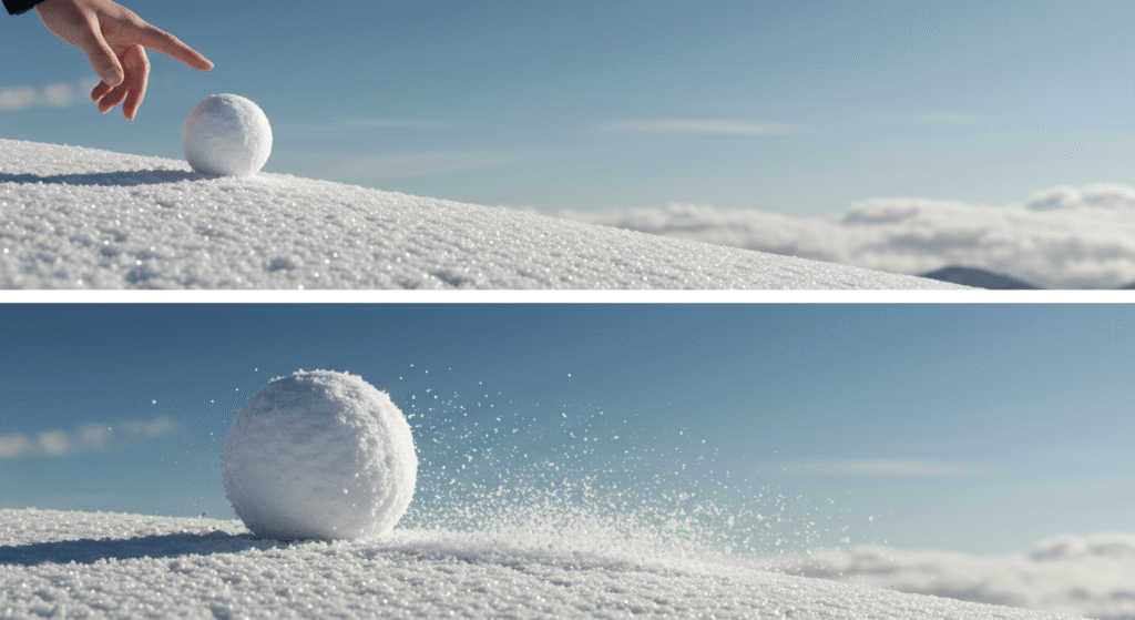 Pequenos hábitos financeiros. Pequena bola de neve virando uma grande, simbolizando o efeito acumulativo.