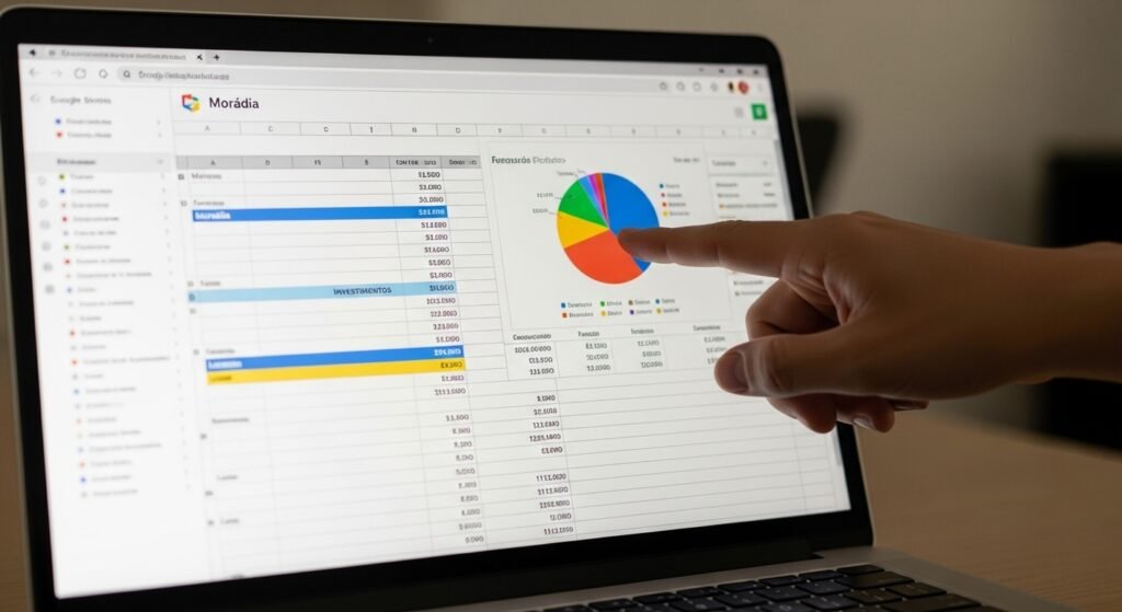 Pessoa analisando uma planilha de gastos detalhada no Google Sheets.