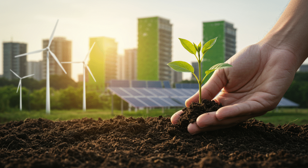 Mão plantando uma muda, com uma cidade sustentável ao fundo, simbolizando o investimento no futuro verde.