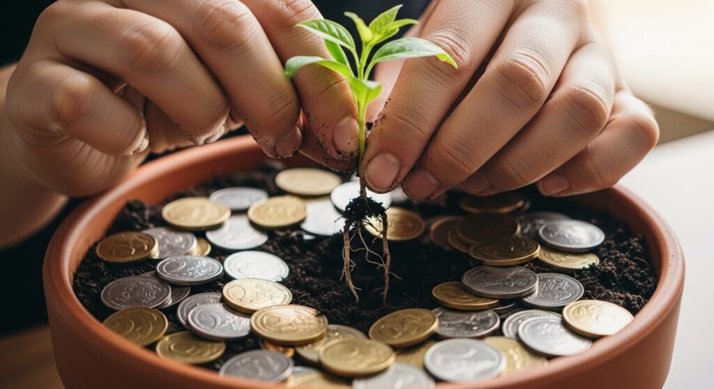 Mãos plantando uma muda em um vaso com moedas, ilustrando o conceito de construir riqueza após sair das dívidas.