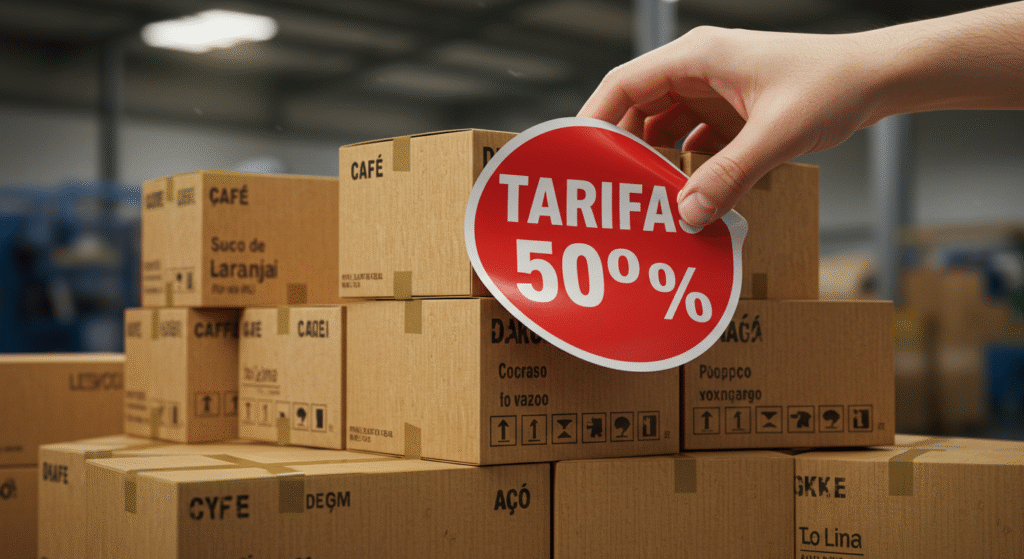 Tarifaço! Adesivo vermelho "Tarifas 50%" sobre caixas de exportação brasileiras, ilustrando o impacto direto da tarifa.