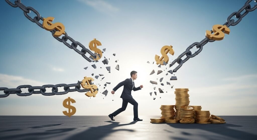 Imagem de uma pessoa quebrando correntes de dívidas, simbolizando a libertação financeira e como sair das dívidas.