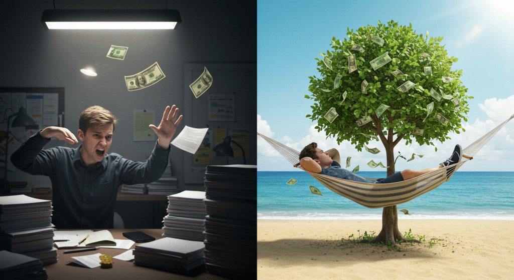 Comparação entre trabalho estressante (renda ativa) e relaxar na praia (renda passiva).