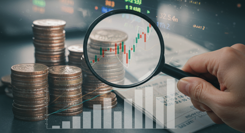 Análise do impacto e do oque é taxa Selic nos investimentos, simbolizada por uma mão com lupa sobre um gráfico de juros.