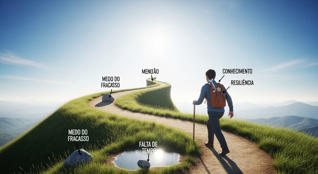 Imagem de pessoa escalando um caminho sinuoso com obstáculos, simbolizando a superação de desafios no empreendedorismo.