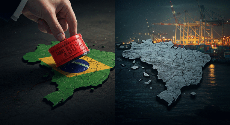 Mão colocando carimbo de "50% Tarifa" em mapa do Brasil, simbolizando a ameaça de Trump e o impacto econômico nas exportações brasileiras.