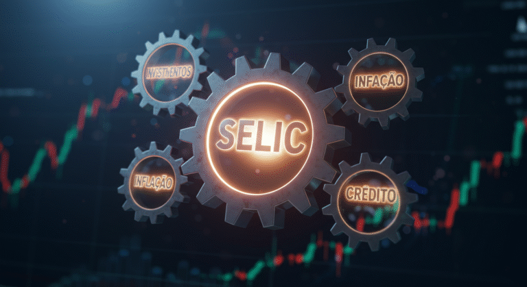 Engrenagem central "SELIC" conectada a outras engrenagens de "Investimentos", "Inflação" e "Crédito", simbolizando o impacto da taxa Selic na economia.