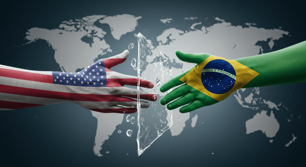 Mãos separadas por uma barreira de vidro, simbolizando tensões comerciais e tarifas.